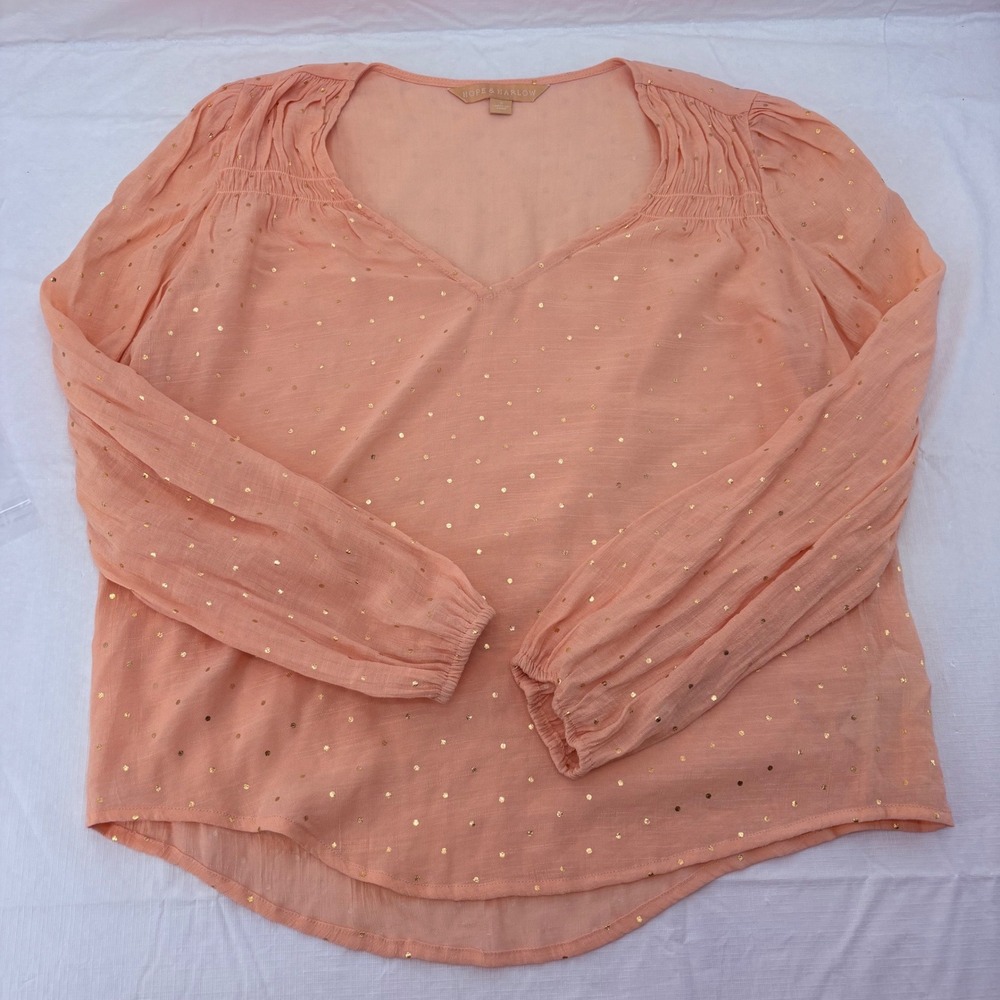 Hope & Harlow Peach Gold Foil Polka‎ Dot V-Neck Puff Sleeve Blouse Womens Small